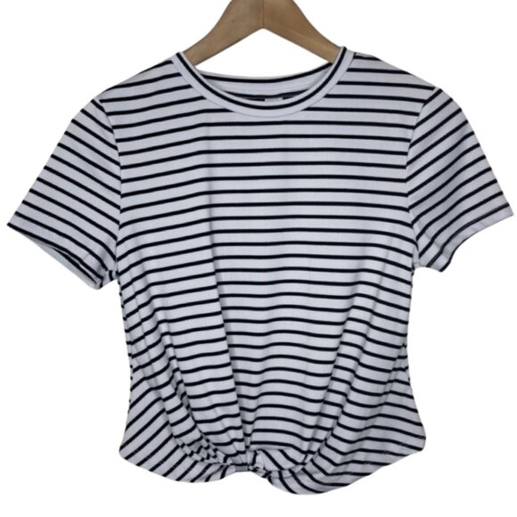 Tops - UNBRANDED | Women's Ribbed Blue and White Striped Knot Cropped Top | Size L